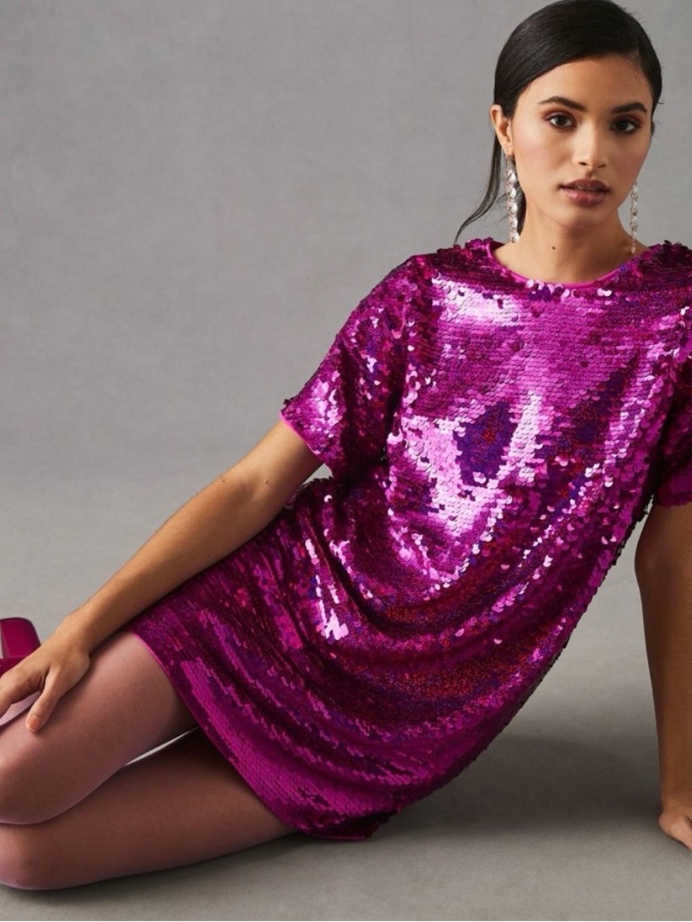 Verb -Anthropologie Sequin Short-Sleeve Mini Dress in Fuchsia - Small NWT